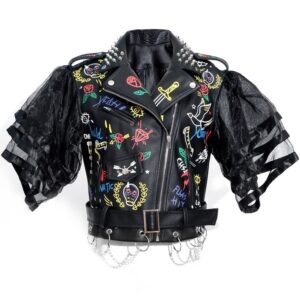 darkshe women's faux leather pu jacket, graffiti studded rivet punk biker moto fashion coat with long sleeve