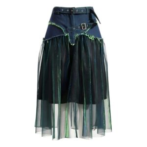 shredded denim mesh overlay skirt